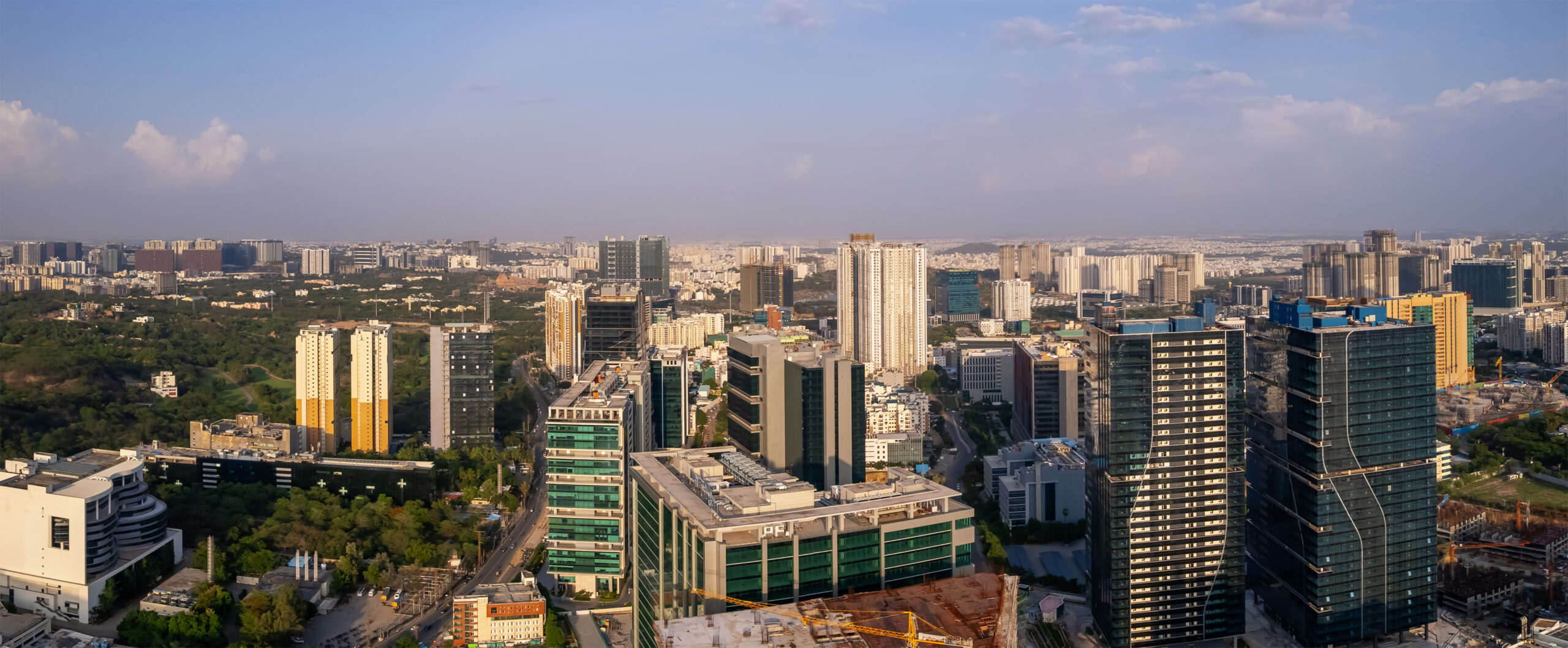 Aerial view of the financial district in Hyderabad, Telangana