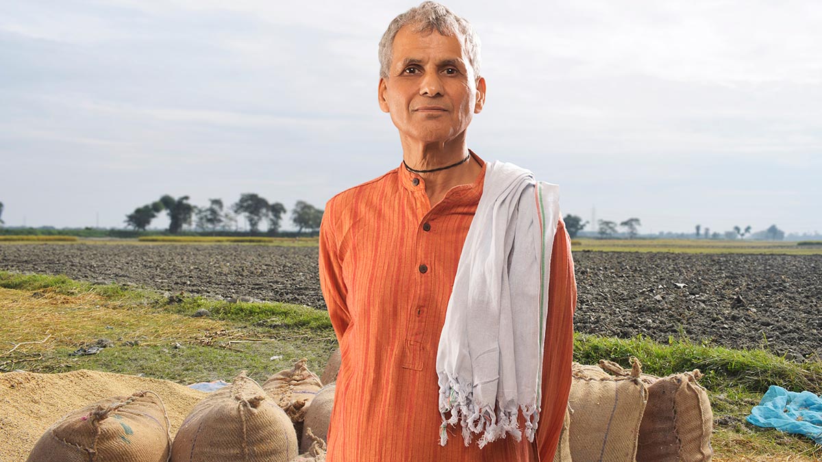 Farmer standing in a green paddy field