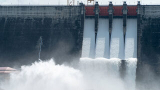 Water released through the spillway gates of a large irrigation dam
