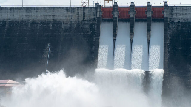 Water released through the spillway gates of a large irrigation dam