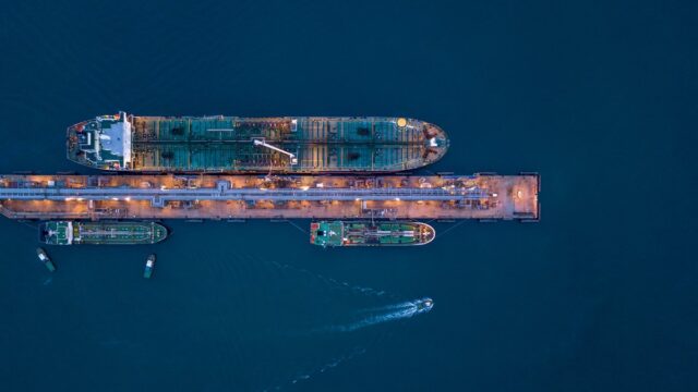 Aerial view of a crude oil tanker at a sea terminal